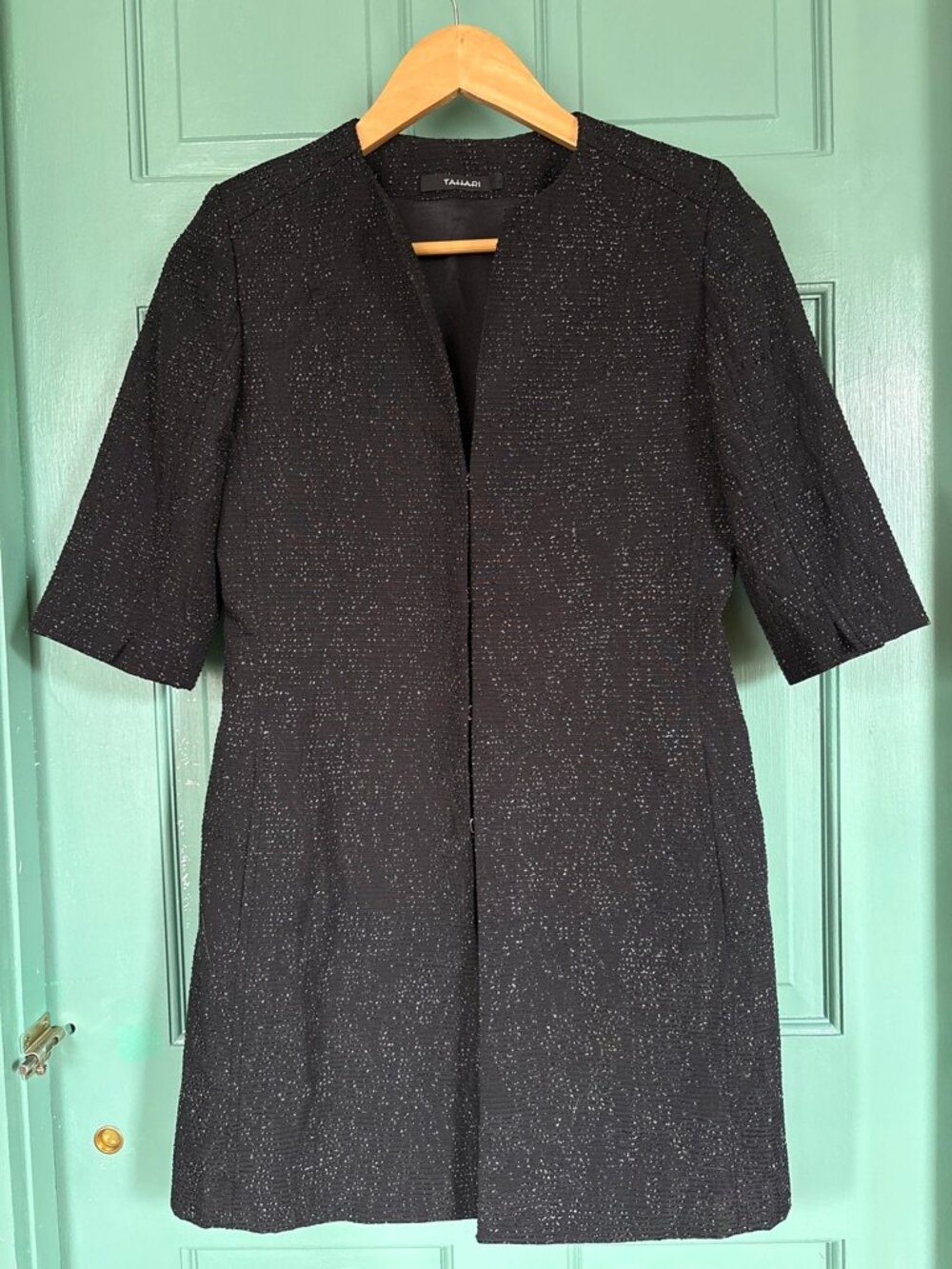 Tahari Black Tweed Three-Quarter Sleeve Long Blazer